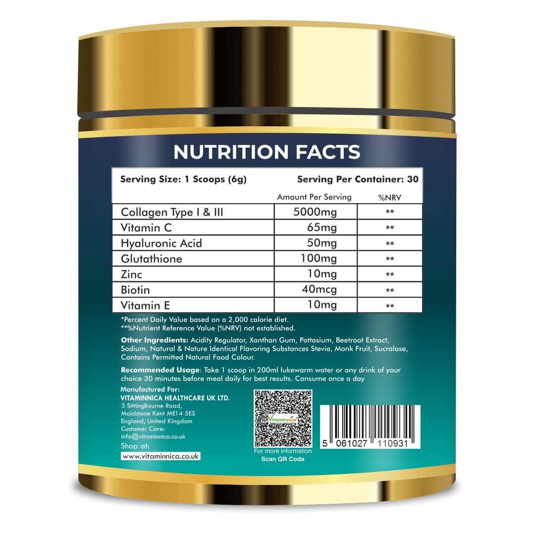 Vitaminnica Because your Health Matters Vitaminnica Vita Beauty Collagen Powder | Type I & III Collagen with Hyaluronic Acid, Biotin, Zinc, & Vitamin C | Supports Skin, Hair, Nails & Joints | 30 Servings (Mango)