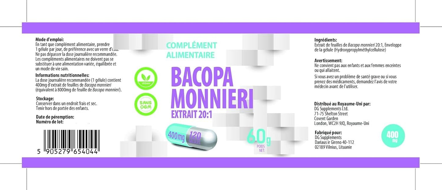 Hepatica Bacopa Monnieri (Brahmi) 8,000mg Equivalent | 400mg 20:1 Leaf Extract | 120 Vegan Capsules | Ayurvedic Herb | 3rd Party Lab Tested