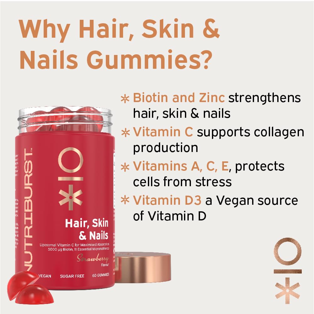 Nutriburst Hair, Skin & Nails Multipack - Supports Skin, Builds Collagen & Nail Strength - 5000 mg Biotin, Zinc + Vitamin A, C, D, E - Vegan & Sugar Free - 3 x 60 Strawberry Gummies - 3 Month Supply