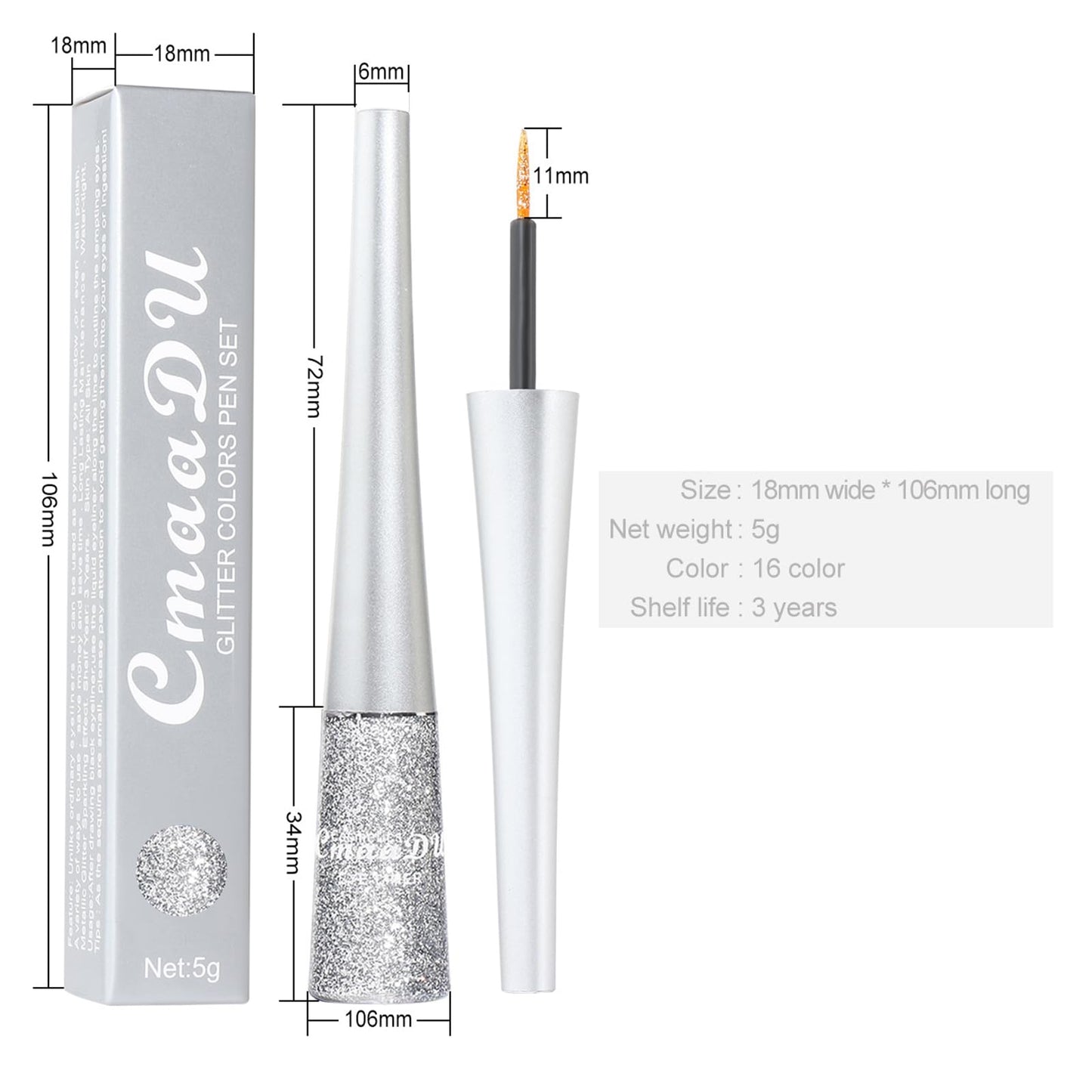 QUIWEN Glitter Eyeliner, Glitter Eye Silver, Liquid Glitter Eyeshadow, Waterproof Sparkle Long-Lasting Smudge-proof Liquid Eye Liners, Quick Dry Shimmer White Silver Beauty Makeup For Women (Silver)