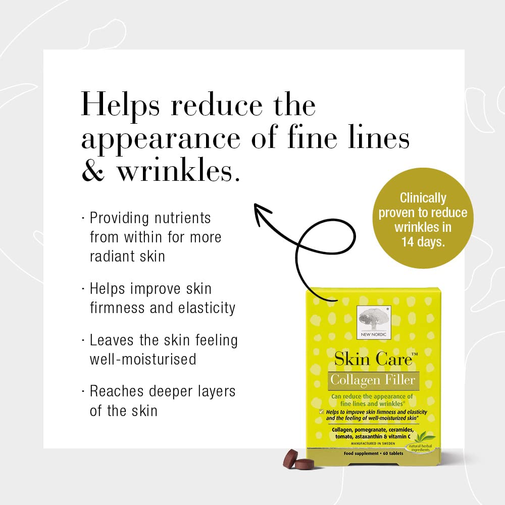 New Nordic Skin Care Collagen Filler 60 Tablets - Reduce The Formation of Wrinkles with Marine Collagen Supplement - Dairy Free - Contains Pomegranate - Wrinkle Filler for Women and Men
