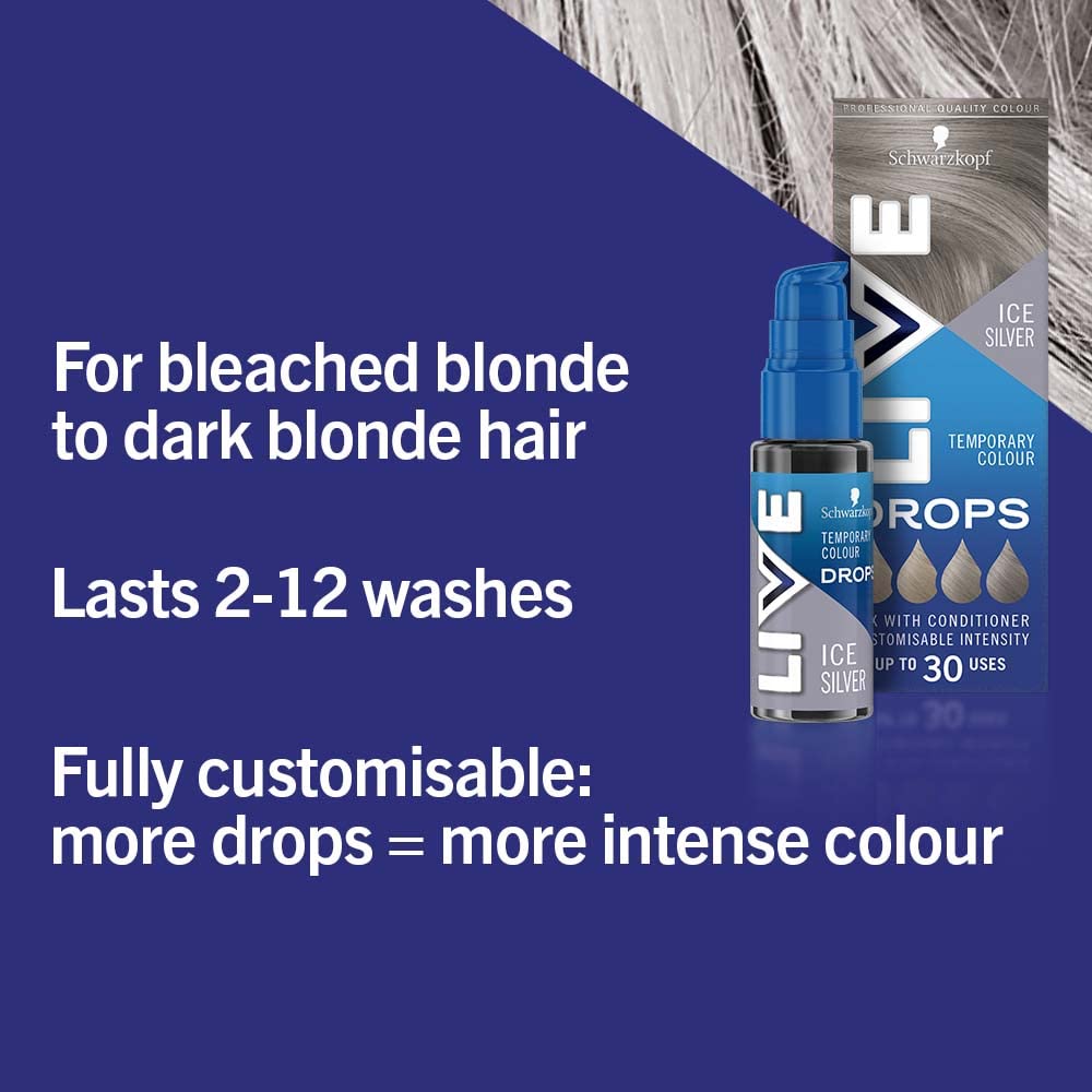 LIVE Live Schwarzkopf Colour Drops, Vegan, Semi-Permanent, Lasts 2 to 12 Washes, Ice Silver, 30 ml