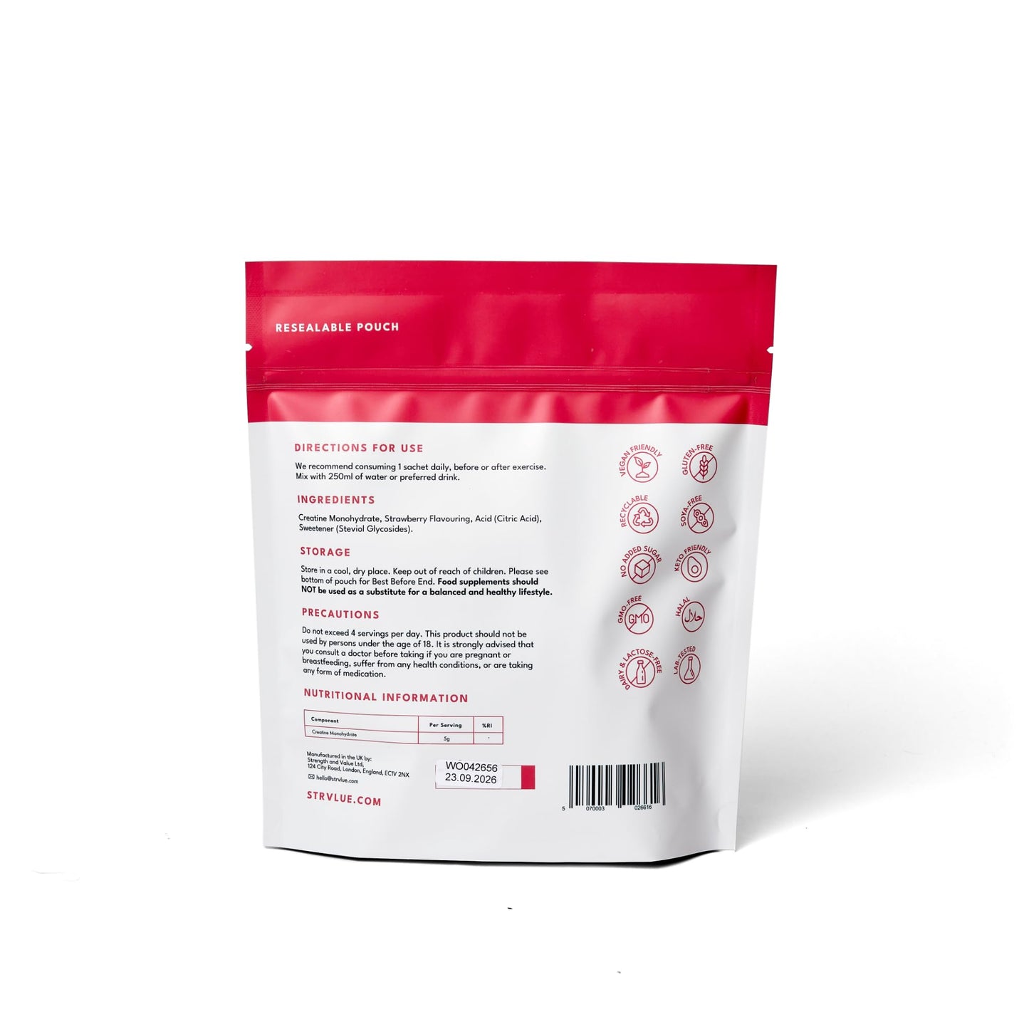 STRVLUE Creatine Monohydrate – 30 Sachets (5g Creatine Each) – Supports Muscle Growth, Strength & Power – Brain Health & Performance – Convenient On-The-Go Supplement – for Men & Women – Strawberry