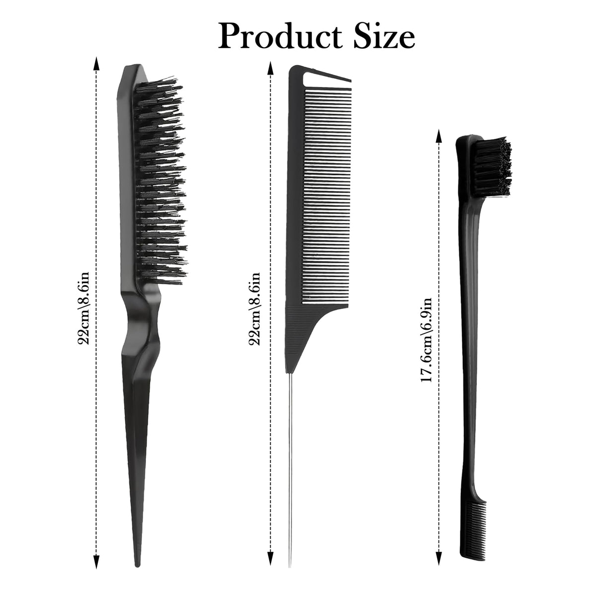 Luoqun88 3 Pcs Slick Back Hair Brush Set - Double Sided Edges Brush, Rat Tail Comb & Bristle Hair Brush for Women, Hairdressers, Salon Styling (Black)
