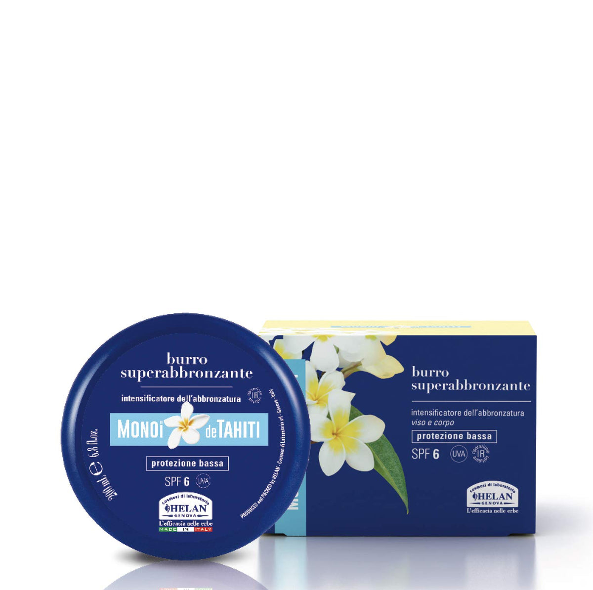 Helan, Monoi De Tahiti - Face and Body Tanning Accelerator, Body Butter & Tanning Moisturiser with Natural Tan Accelerator, Tanning Cream & Sunscreen with Sun Protection SPF 6, 200 ml - Made in Italy