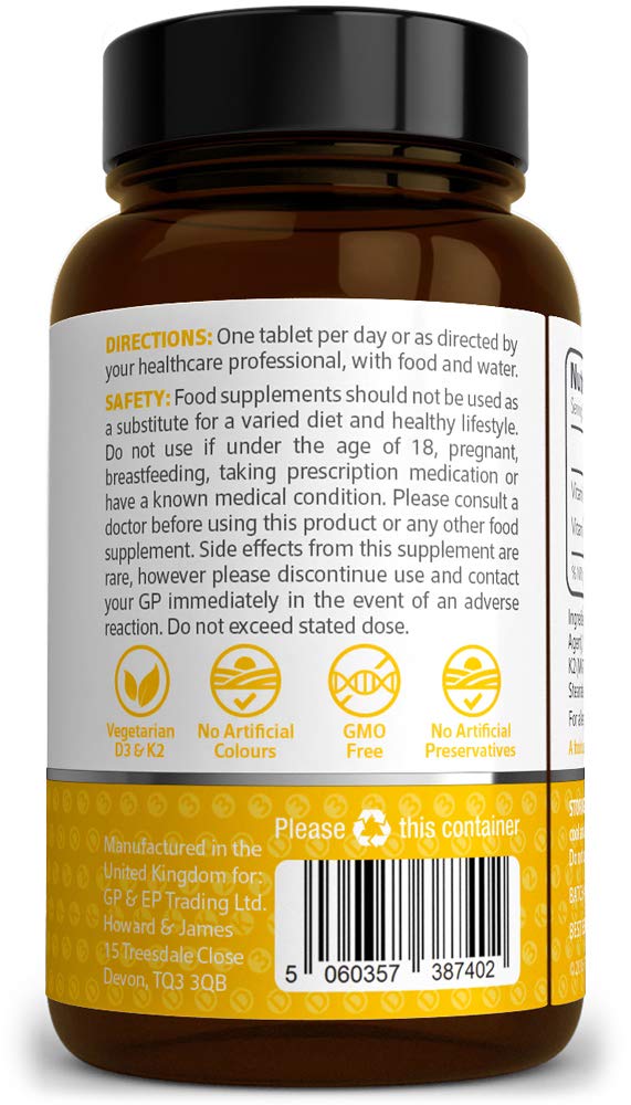 HOWARD & JAMES Vitamin D3 4000iu Plus Vitamin K2 100ug 120 High Strength Vegetarian Tablets