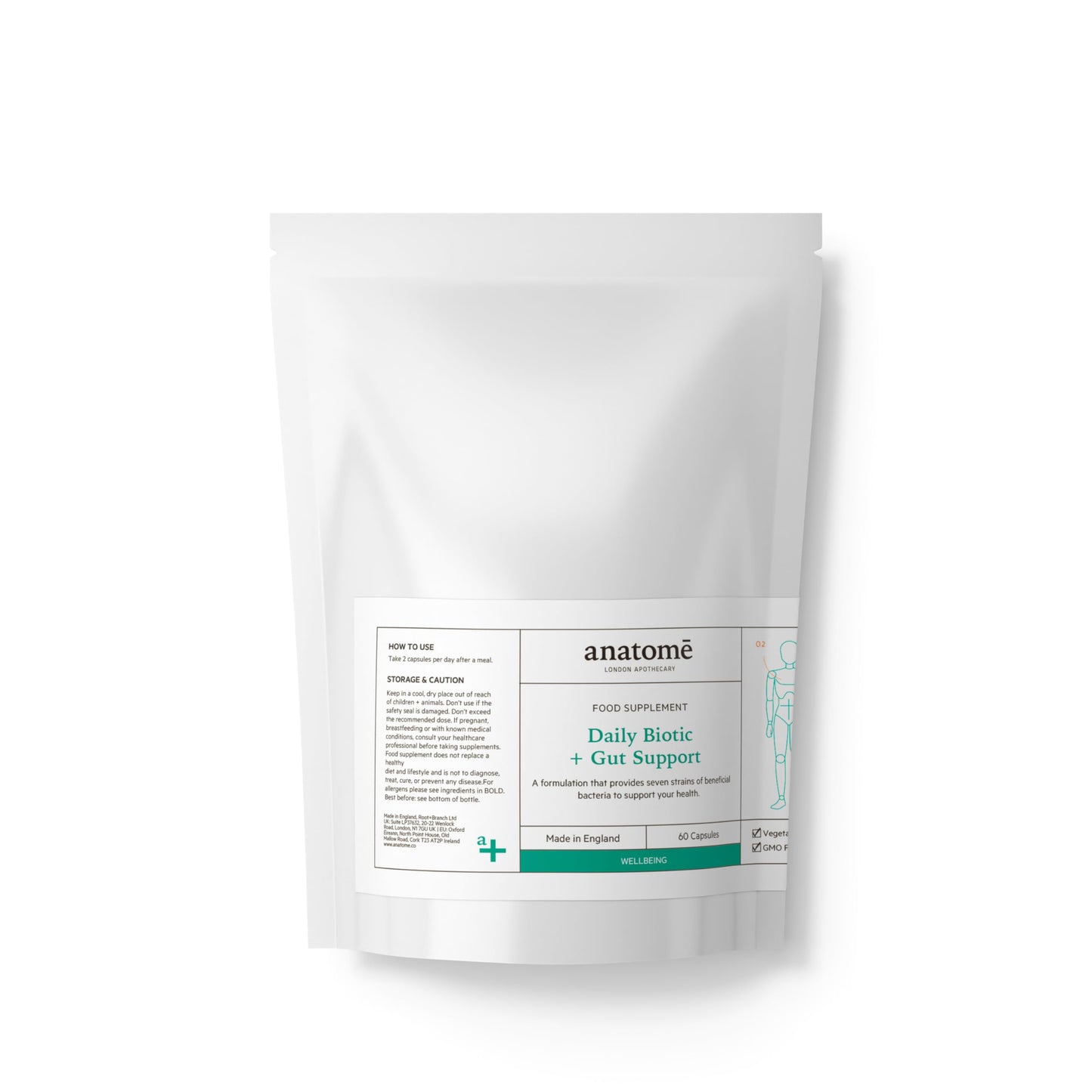 Anatome Daily Biotic + Gut Support Refill Pouch - New Formula Nutritional Supplement - Probiotic with 20 Billion Good Gut Bacteria - 60 Capsules