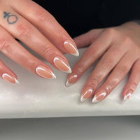 EONFAVE 30 Pcs Chrome Press on Nails - French Tip False Nails - 24pcs Medium Almond Press On - Fake With Glue - Acrylic Glossy Nude With White Tips Designs - Full Cover Glue On