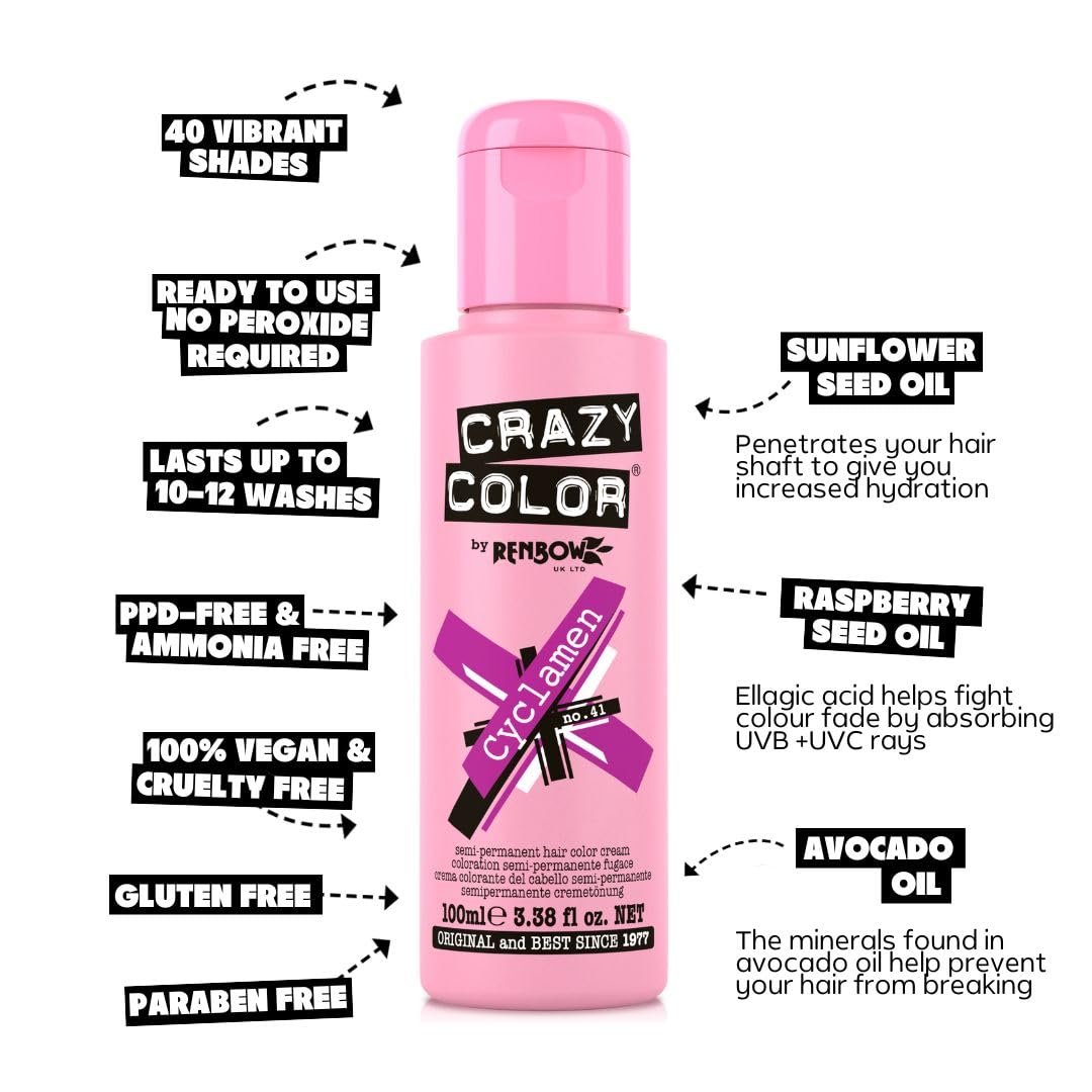 Crazy Color Vibrant Cyclamen Semi-Permanent 4 Pack Quad Hair Dye. Highly Pigmented Cerise Conditioning & Oil Nourishing Vegan Formula No Bleach or Ammonia 400ml