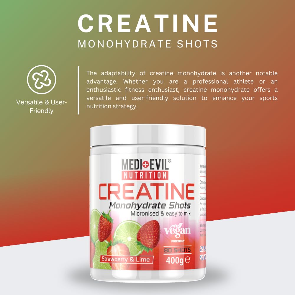 Medi-Evil Nutrition Creatine Monohydrate Powder, Strawberry and Lime Flavour, 400g, Micronised for Easy Mixing, Increases Physical Performance