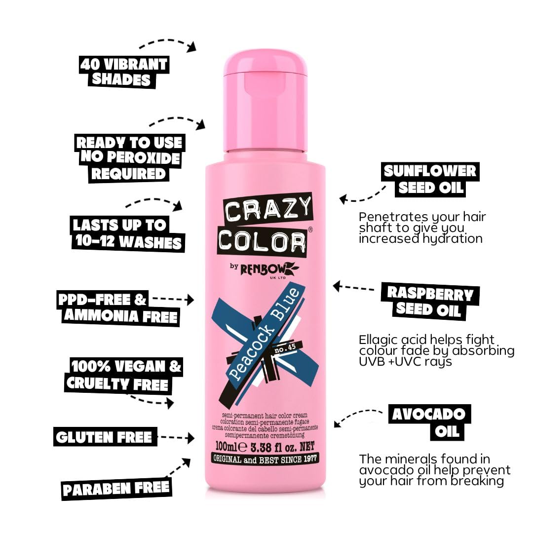 Crazy Color Vibrant Peacock Blue Semi-Permanent Hair Dye. Highly Pigmented Teal Turquoise Conditioning & Oil Nourishing Vegan Formula | No Bleach or Ammonia | 100ml