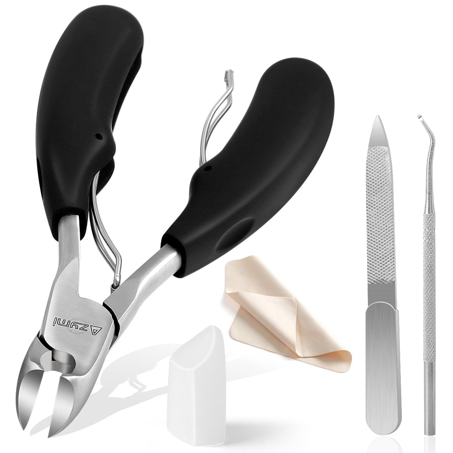Azymi Toe Nail Clippers for Thick Nails, Heavy Duty Toenail Scissors Cutters Kit with Nail File & Nail Hook, Sharp Curved Blades- Wide Jaw Opening- Soft Handle