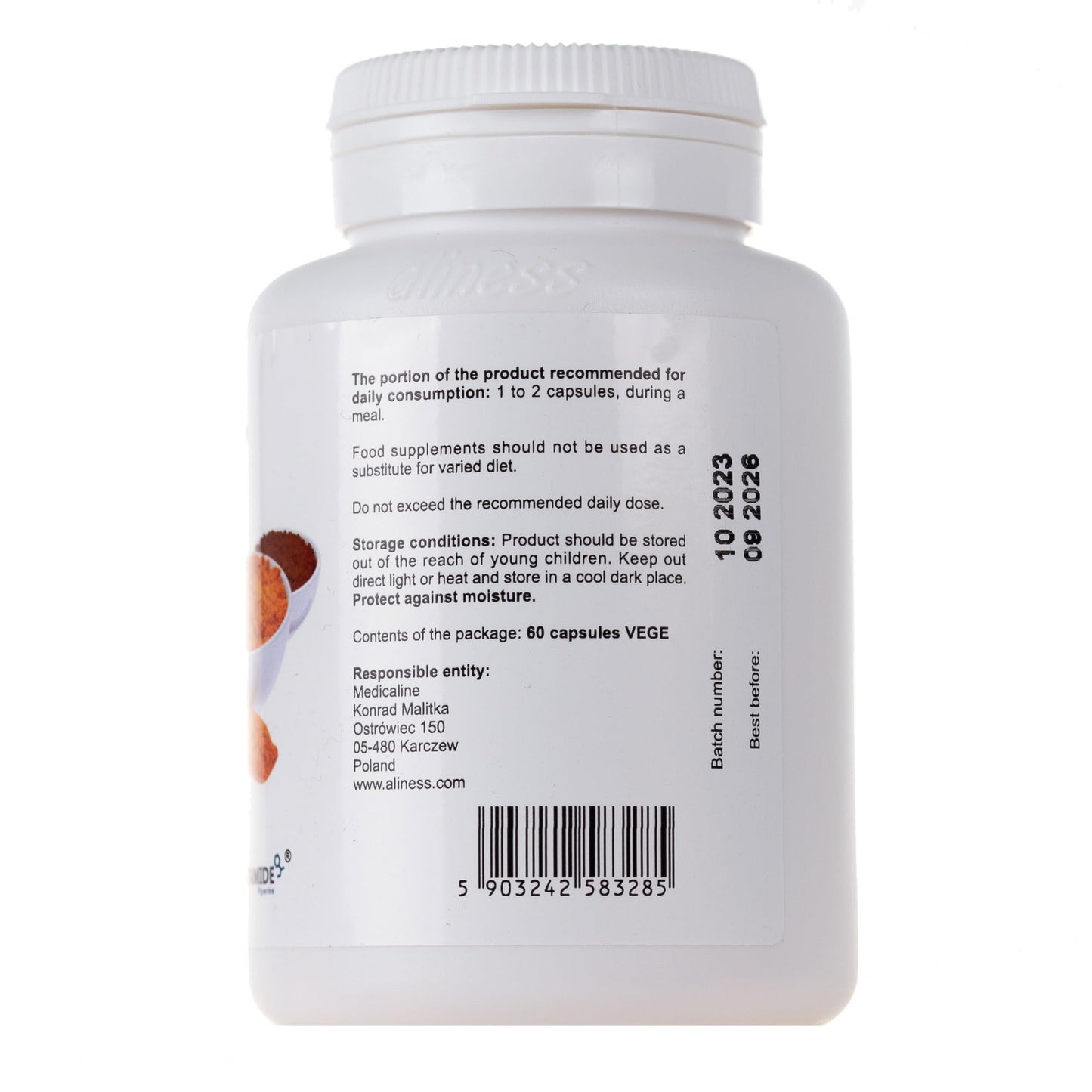 Aliness Curcumin 3 Plus with Piperine, 60 Vegan Capsules