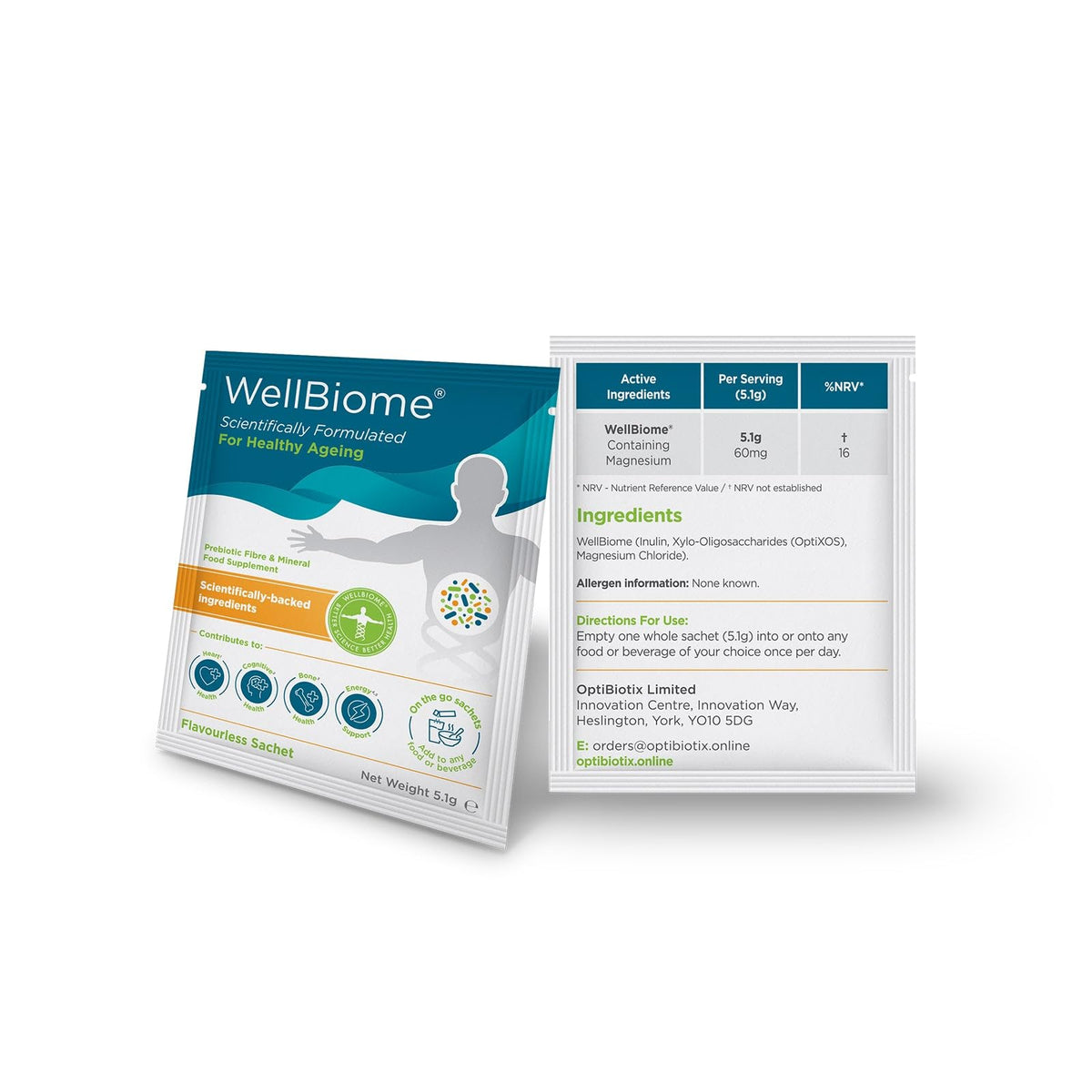 WellBiome Prebiotic Soluble Fibre Supplement with Inulin and Magnesium – Gut Health & Digestive Support, Fiber Powder for Microbiome Balance, High Fibre Prebiotics for Gut Health, 30 Serving Sachets