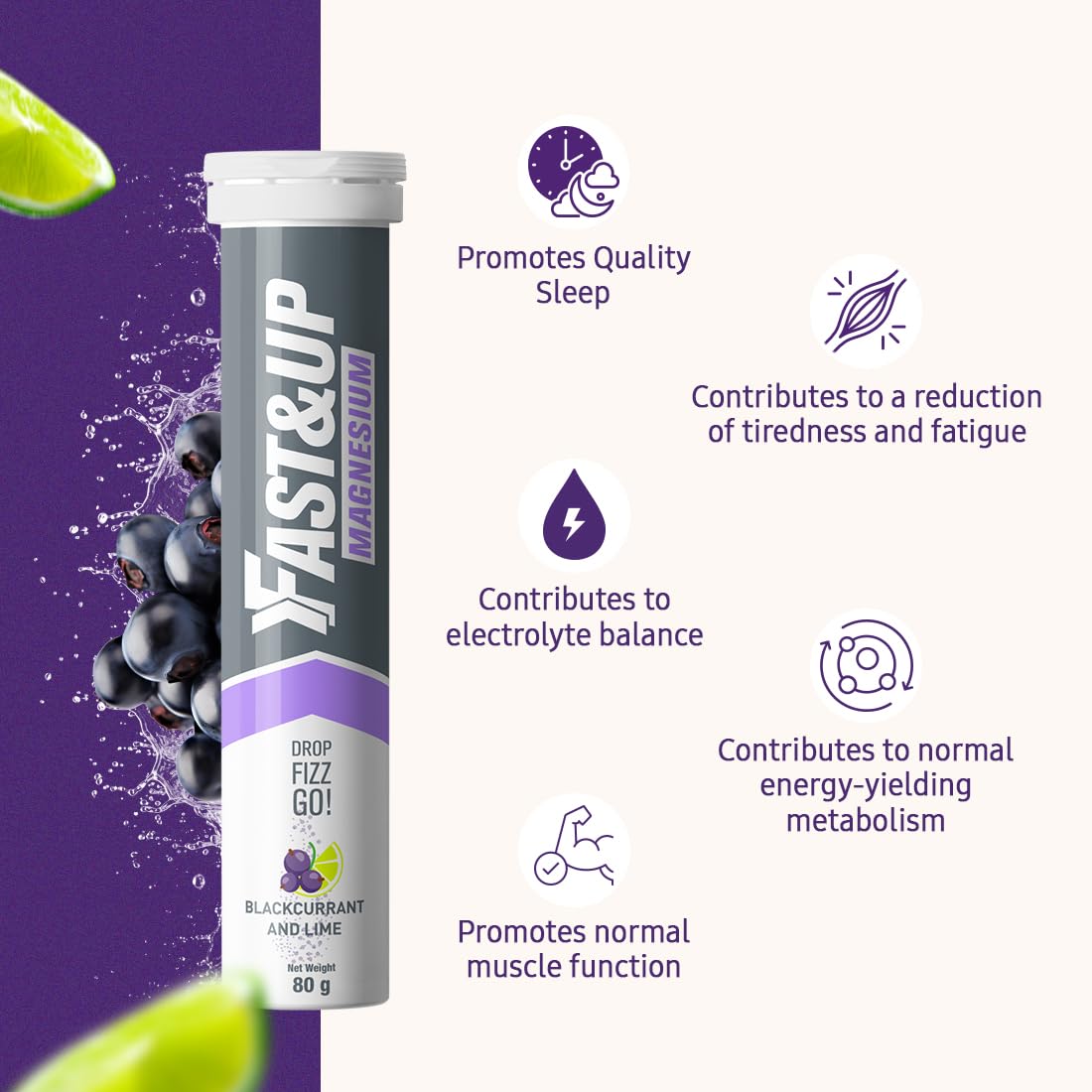 FAST&UP Fast&Up Magnesium - 300mg Magnesium & 10mg Zinc - Saver Multipack - 80 Tablets (4 x 20) - Tasty Blackcurrant & Lime Flavour