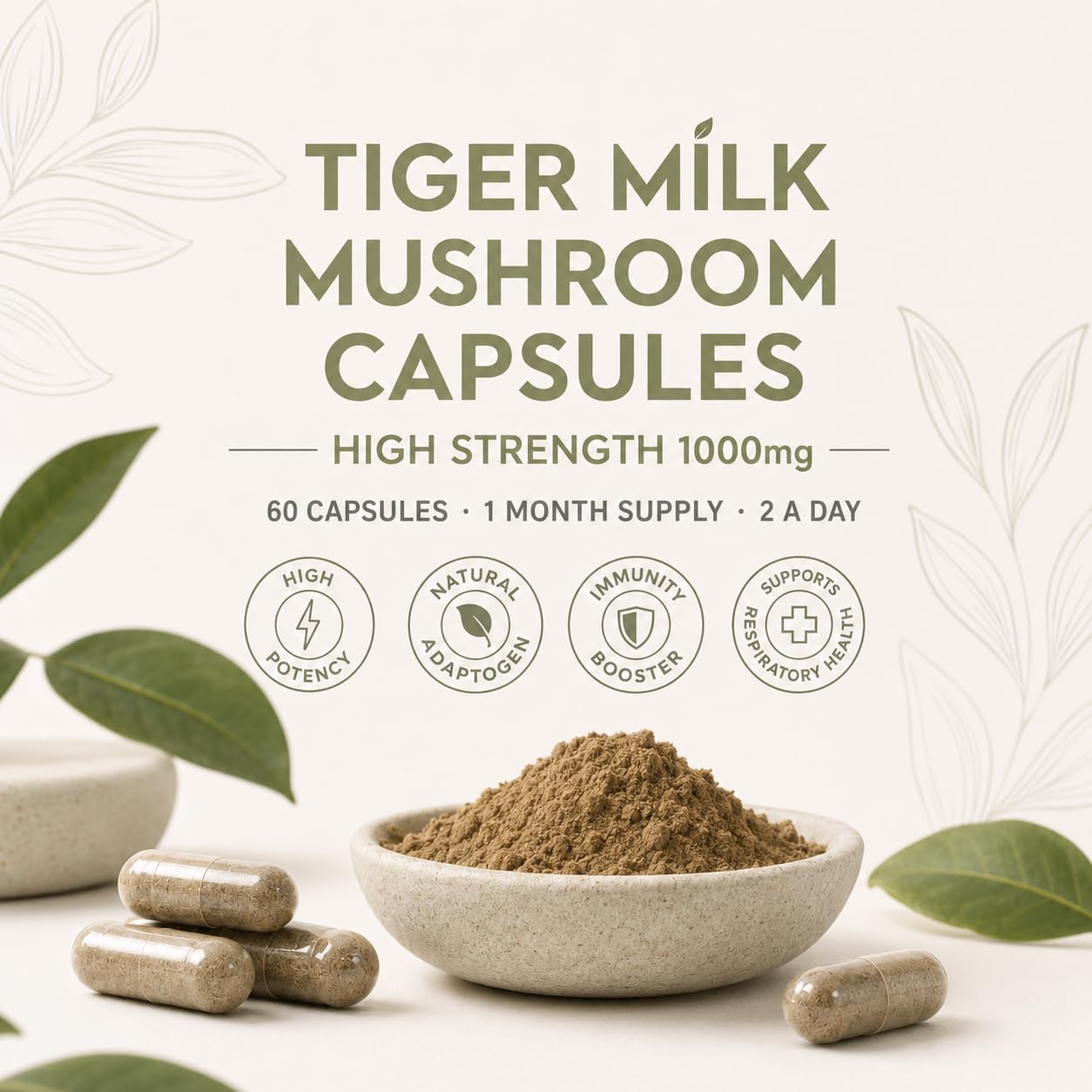 Nutri-things Tiger Milk Mushroom Capsules 1000mg - High Strength | 60 Capsules | Natural Adaptogen for Immunity & Respiratory Health | Supports Daily Wellness & Vitality | 1 Month Supply, 2 a Day