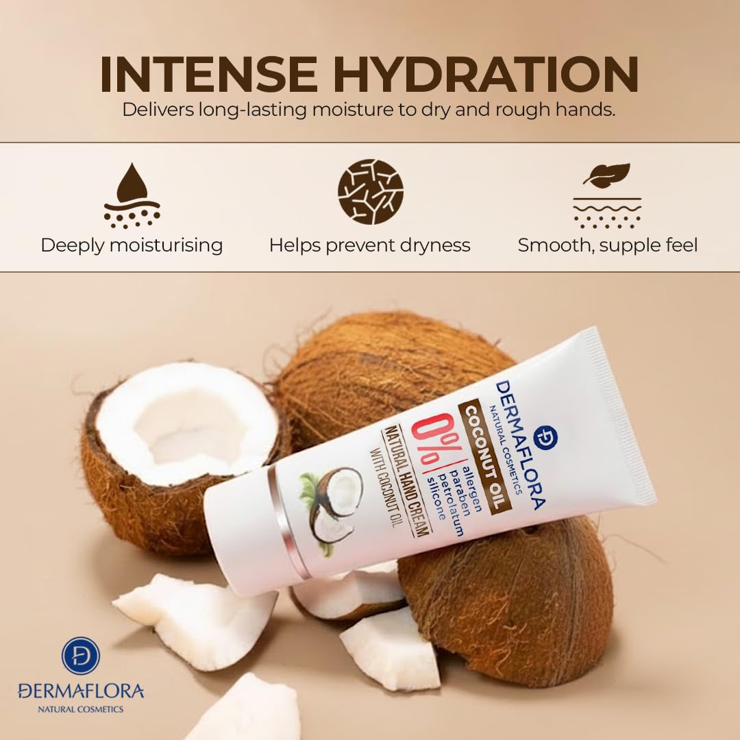 Dermaflora Coconut Oil Hand Cream – 50ml | Deep Moisturising Handcream for Dry Hands | Enriched Handcream with Natural Coconut Oil & Vitamin E | Fast-Absorbing, Non-Greasy, Vegan & Cruelty-Free