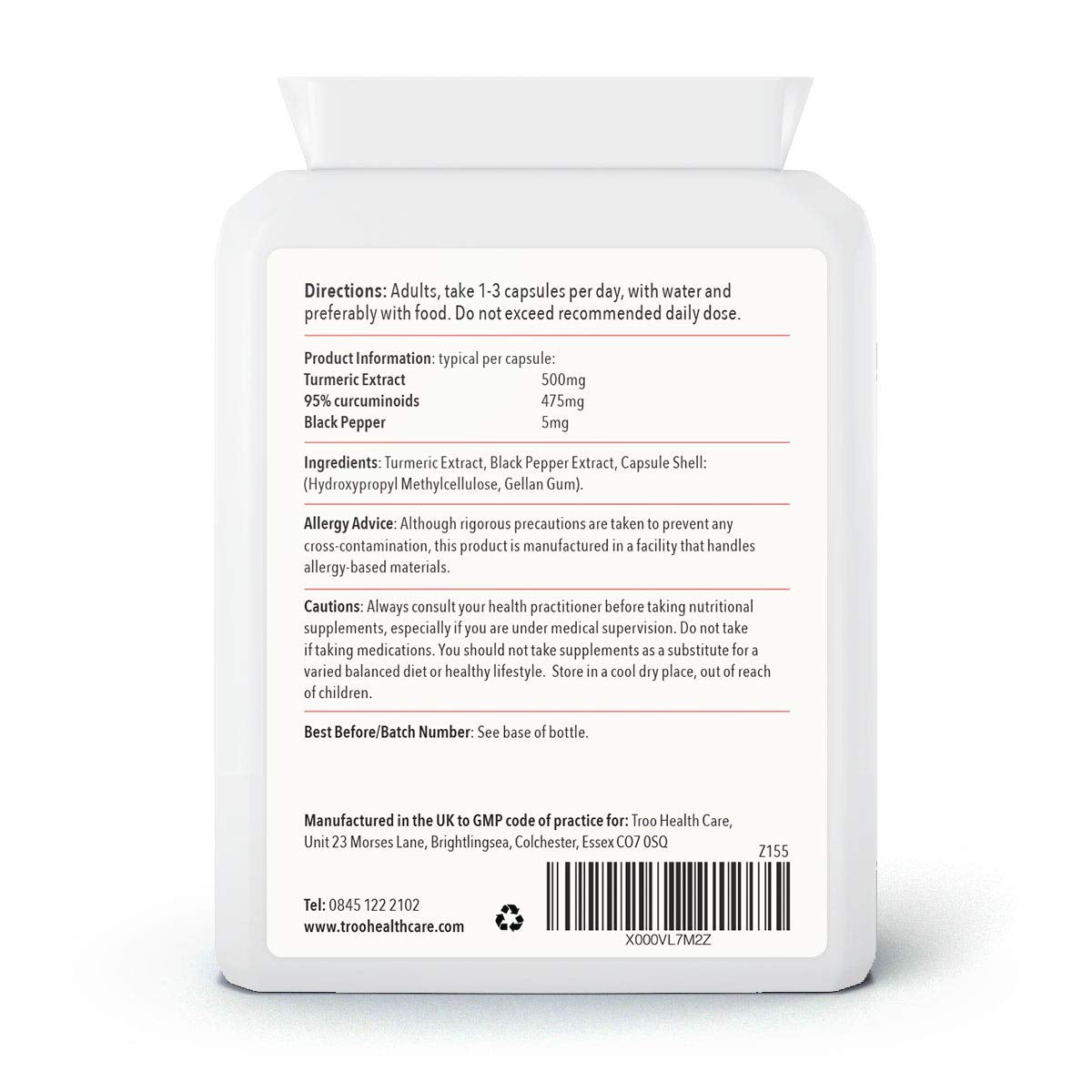 Troo Health Care Turmeric Supplement (500 mg) - 60 Capsules with Black Pepper Extract Piperine | Provides 95% Standardisation of Curcumin | UK Manufactured