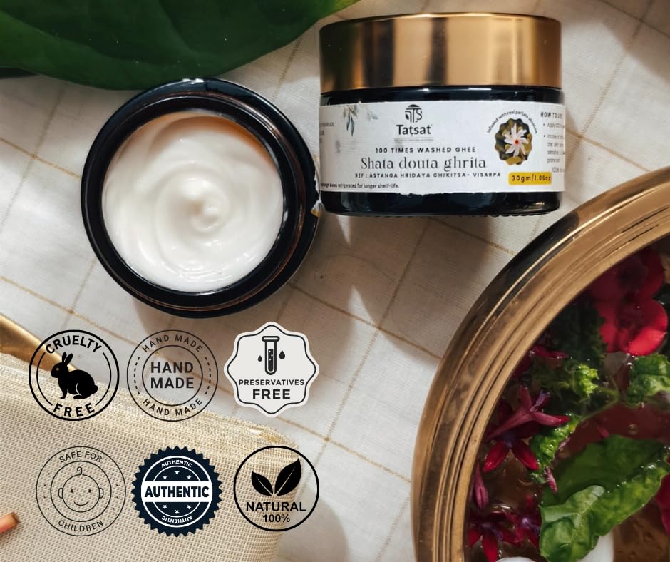 TATSAT - WELLNESS THROUGH AYURVEDA Shata Dhauta Ghrita 100 Times Washed Ghee Anti Aging Nourishing Cream Removes Stretch Marks - 30gms (Rose)