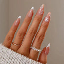 JUSTOTRY 24 Pcs Stiletto Almond False Nails Short, White French Press on Nails with Flower Pattern, Nude Fake Nail Short, Oval Stick on Nail for Women, Nails Fake Nail for Nail Art