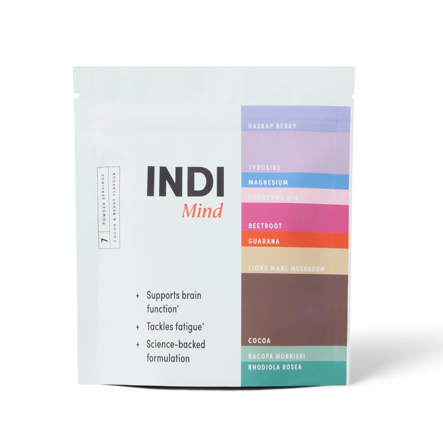 Indi Mind Supplement - Plant-Based Nootropic Powder for Brain Function - Improves Focus, Supports Memory and Combats Fatigue - Cocoa and Berry Flavour with Lions Mane- Trial Pouch (7 Servings)