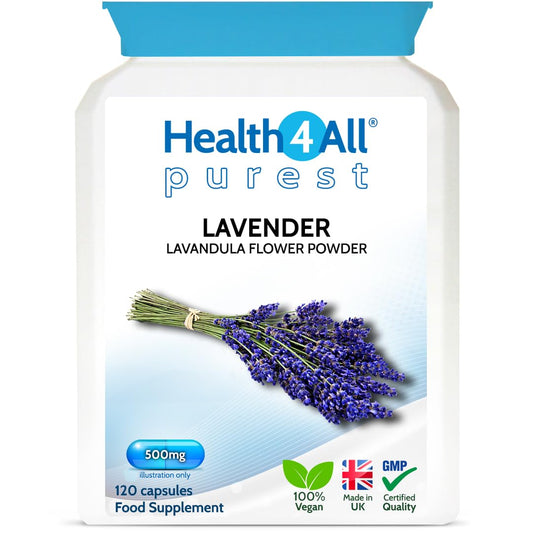 Health4All Lavender 500mg 120 Capsules (not Tablets or Oil) Purest - no additives. Vegan Lavender Capsules for Anxiety, Relaxation and Sleep