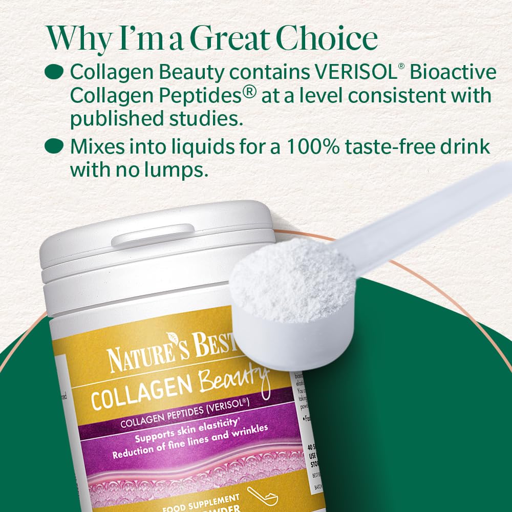 NATURE'S BEST Nature's Best Collagen Beauty Powder - Supports Skin Elasticity & Reduces Fine Lines - Taste-Free, Fast Dissolving Collagen Peptides - UK Made - 100g, 40 Servings