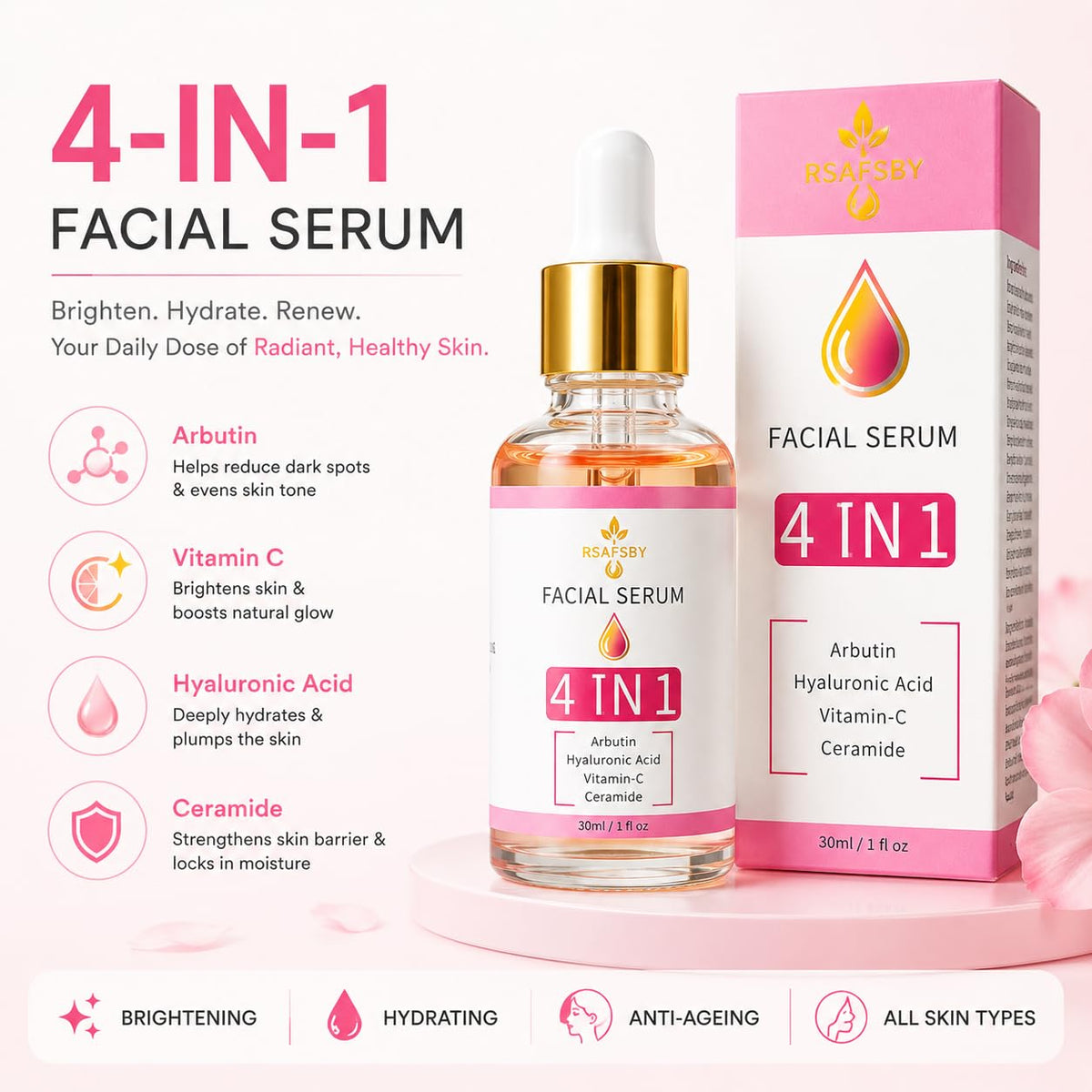 RSAFSBY Arbutin Face Serum with Hyaluronic Acid, Vitamin C & Ceramide – Brightening & Hydrating Anti-Aging Serum for Dark Spots, Hyperpigmentation, Acne Scars & Uneven Skin Tone – 30ml
