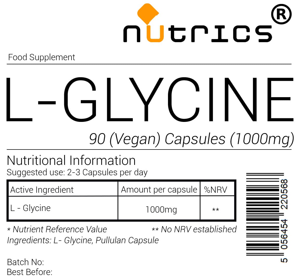 Nutrics® 1000mg L GLYCINE L-Glycine Amino Acid x 100% PURE 90 V Capsules (1 Month Supply) - Suitable for Vegan Vegetarian Halal Kosher