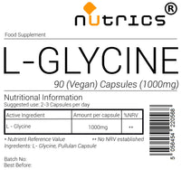 Nutrics® 1000mg L GLYCINE L-Glycine Amino Acid x 100% PURE 90 V Capsules (1 Month Supply) - Suitable for Vegan Vegetarian Halal Kosher
