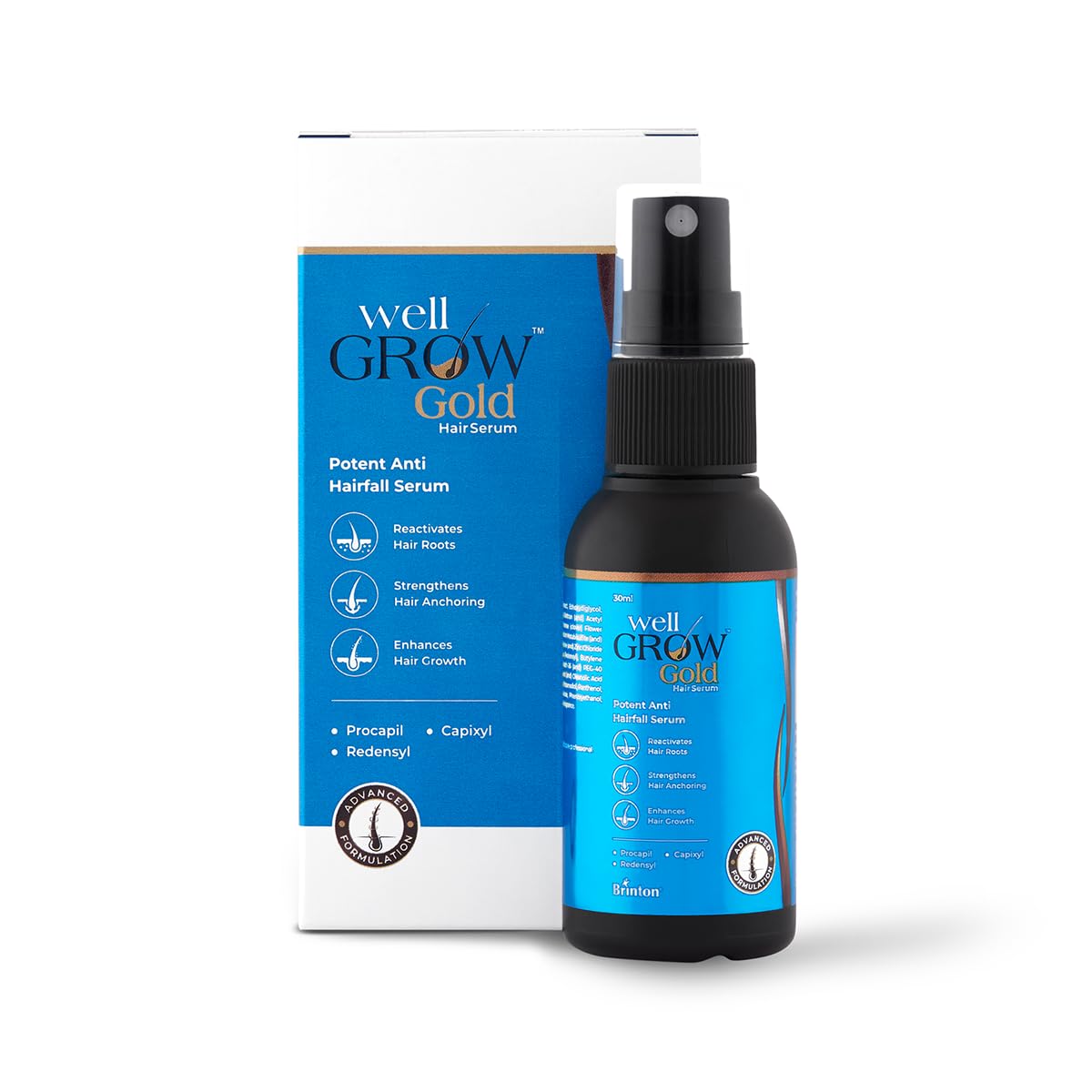 Brinton WellGrow Gold Hair Growth Serum with Redensyl, Capixyl & Procapil for Hair Fall Control & Repair | Strengthens & Enhances Hair Growth for Men & Women 30 ml