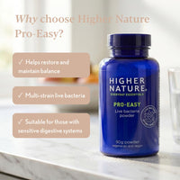 HIGHER NATURE Higher Nature - Pro-Easy - Multi-Strain Live Bacteria Powder - Probiotics for Gut Health - Suitable for The Whole Family - 90g Powder