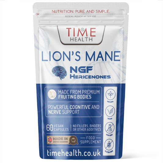 Time Health Lions Mane NGF - High Strength - Vegan - No Fillers, Binders or Flow Agents - Pullulan Capsules (60 Capsule Pouch)