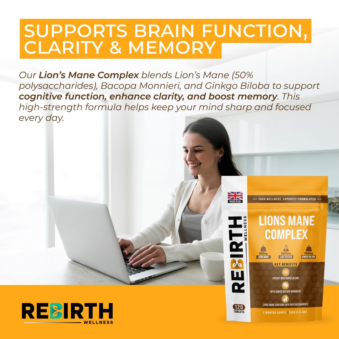 REBIRTH WELLNESS BE YOURSELF | ONLY BETTER Lions Mane Supplement - 2000 mg Lion's Mane (50% Polysaccharides), 2000 mg Ginkgo Biloba & 1000 mg Bacopa Monnieri - Nootropics Supplement - 120 Small Vegan Tablets - UK Made - 3rd Party Lab Tested