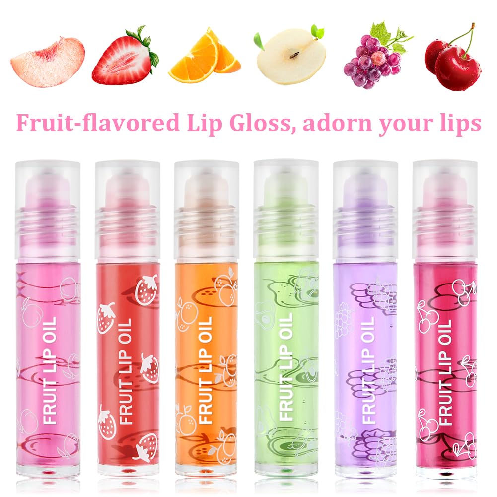 AOOWU 6 Pcs Hydrating Lip Oil Set, Fruit-Flavored Plumping Lip Oil, Long Lasting Lip Glow Balm Lip Care, Transparent Moisturizing No-Sticky Lip Gloss(Peaches,Orange,Avocado,Strawberry,Grape,Cherry)8ML