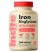 Incite Nutrition Gentle Iron Tablets - Iron Bisglycinate 28 mg, 6 Month’s Supply - 360 High Strength Tablets - Supplement Suitable for Vegans - Best Immune System Booster for Women & Men - Made in UK