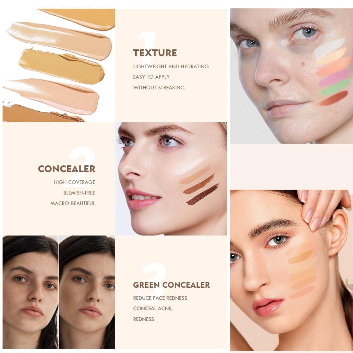 KARLOR 6-in-1 Concealer Palette, Conceal Foundation Cream Concealer Make Up Concealer Anti Age Dark Circles and Blemish Concealer Contour Palette For neutral skin tones(02#)