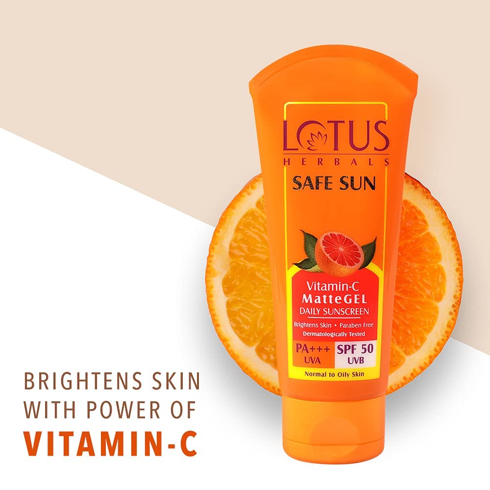 Lotus Herbals Safe Sun Vitamin C Matte Gel Daily Sunscreen | SPF 50 | PA+++ | Paraben Free | Dermatologically Tested | Anti Pollution | Normal/Oily Skin | 100g