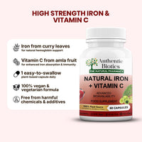 Authentic Biotics Iron & Vitamin C Supplement | 60 Vegan Capsules | Plant-Based Iron from Curry Leaves & Vitamin C from Amla | Supports Energy, Immunity & Reduces Tiredness | 2 Month Supply