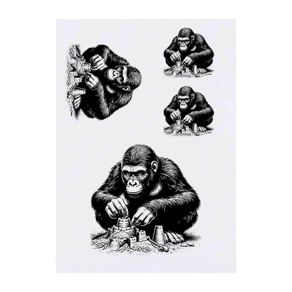Azeeda 4 x 'Gorilla Building Sand Castles' Temporary Tattoos - Water Resistant, Skin-Safe, Non-Toxic Transfers, Mixed Sizes (TO00076122)