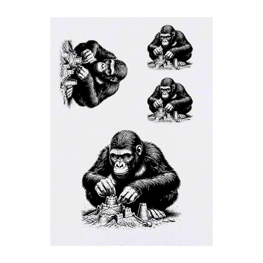 Azeeda 4 x 'Gorilla Building Sand Castles' Temporary Tattoos - Water Resistant, Skin-Safe, Non-Toxic Transfers, Mixed Sizes (TO00076122)