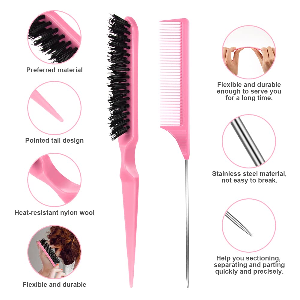 AOOWU 3 Pcs Slick Brush Set, Volume Creating Teasing Brush Set, Hair Styling Comb Set Include Bristle Hair Brush Double Sided Edge Brush Rat Tail Comb for Women Kids Edge Back Hair Smoothing (Pink)