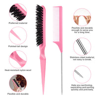 AOOWU 3 Pcs Slick Brush Set, Volume Creating Teasing Brush Set, Hair Styling Comb Set Include Bristle Hair Brush Double Sided Edge Brush Rat Tail Comb for Women Kids Edge Back Hair Smoothing (Pink)