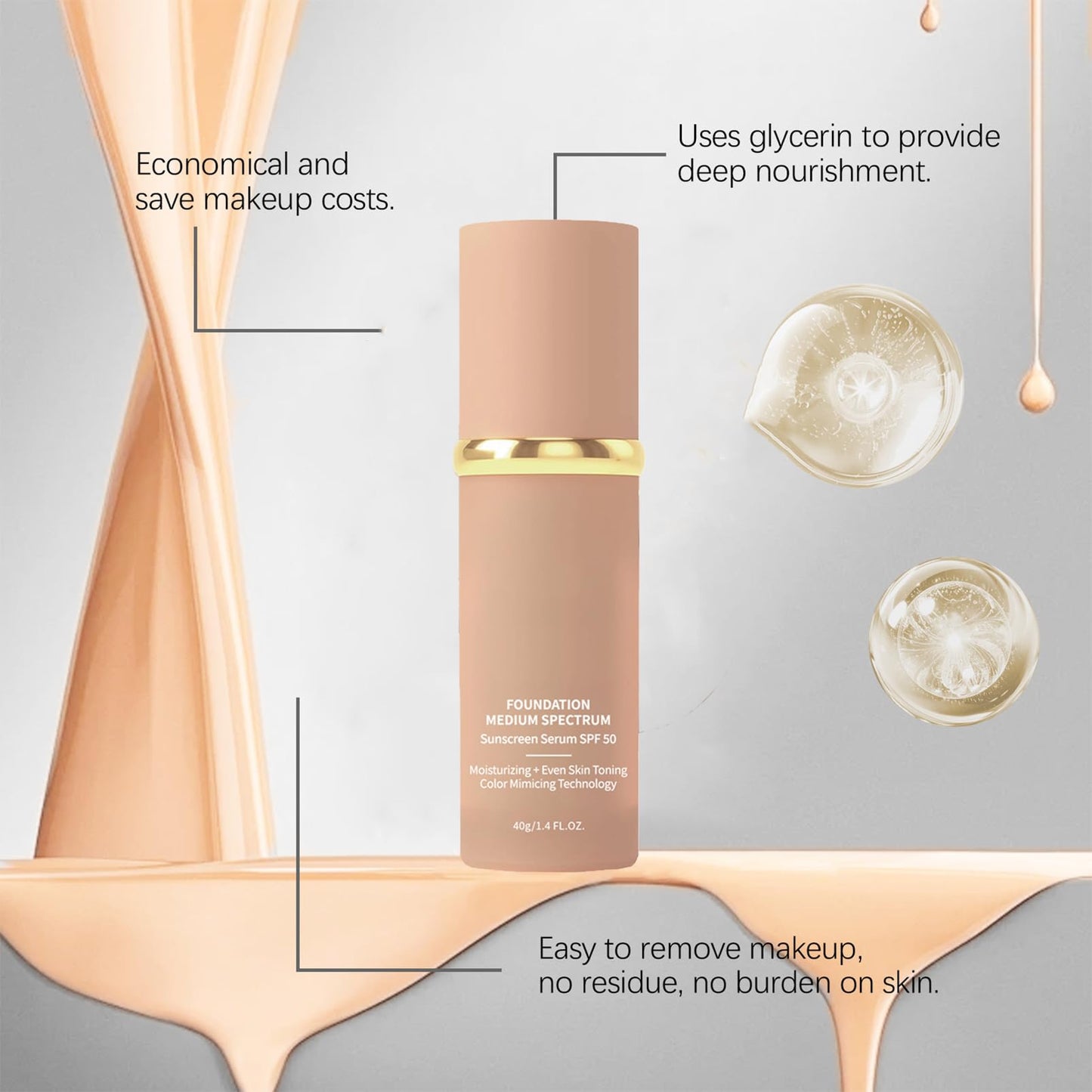 Biomimics Foundation 4 in 1，Moisturizing Concealer，Medium Spectrum with SPF 50，LongLasting & Waterproof,Non-Sticky,Hydrating Color Changing Foundation Light Spectrum for Gym,Sport,Travel(1pcs)