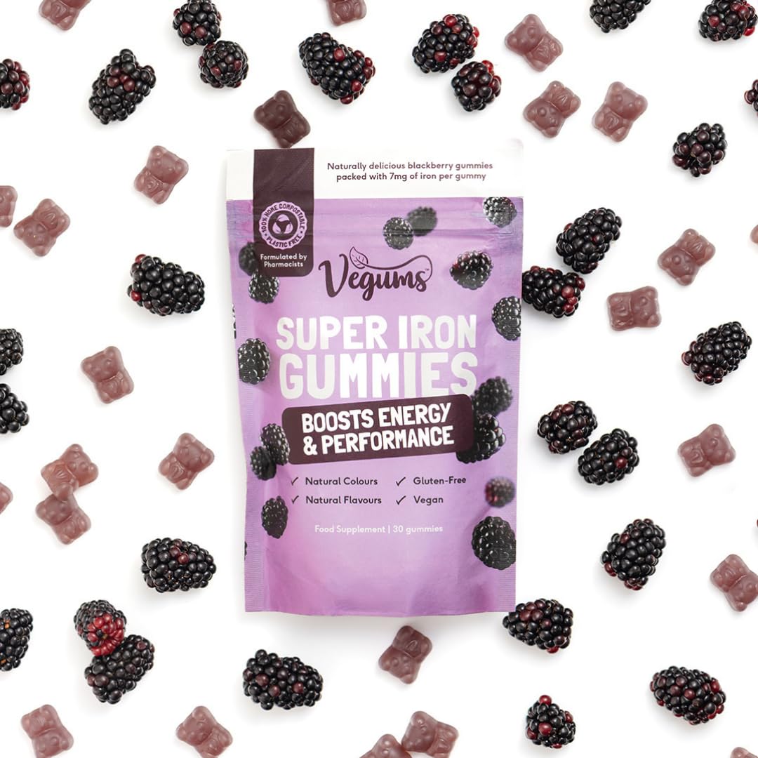 Vegums Super Iron Gummies - Family-Friendly Iron Supplement for All Ages - 30 Servings - BlackBerry Flavour - Vegan & Easy-to-Take - Supports Energy, Immunity & Red Blood Cell Health
