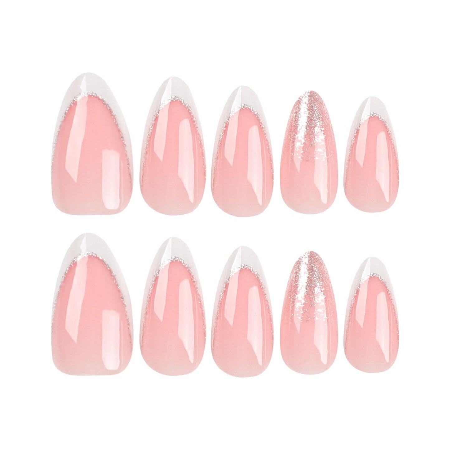 Angwis 24pcs Short Almond False Nails French White Tip Stick on Nails Glitter Silver Press on Nails Removable Glue on Nails Full Cover Fake Nails Women Bridal Nail Art Accessories