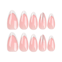 Angwis 24pcs Short Almond False Nails French White Tip Stick on Nails Glitter Silver Press on Nails Removable Glue on Nails Full Cover Fake Nails Women Bridal Nail Art Accessories
