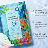 VSHELL Collagen Face Sheet Mask, Set of 10 - Hydrating Beauty Skincare with Hyaluronic Acid for Women and Men - Moisturising Anti Aging Facial Treatment - Ideal for Sensitive Skin