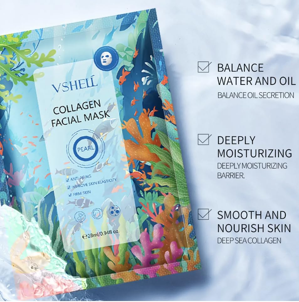 VSHELL Collagen Face Sheet Mask, Set of 10 - Hydrating Beauty Skincare with Hyaluronic Acid for Women and Men - Moisturising Anti Aging Facial Treatment - Ideal for Sensitive Skin