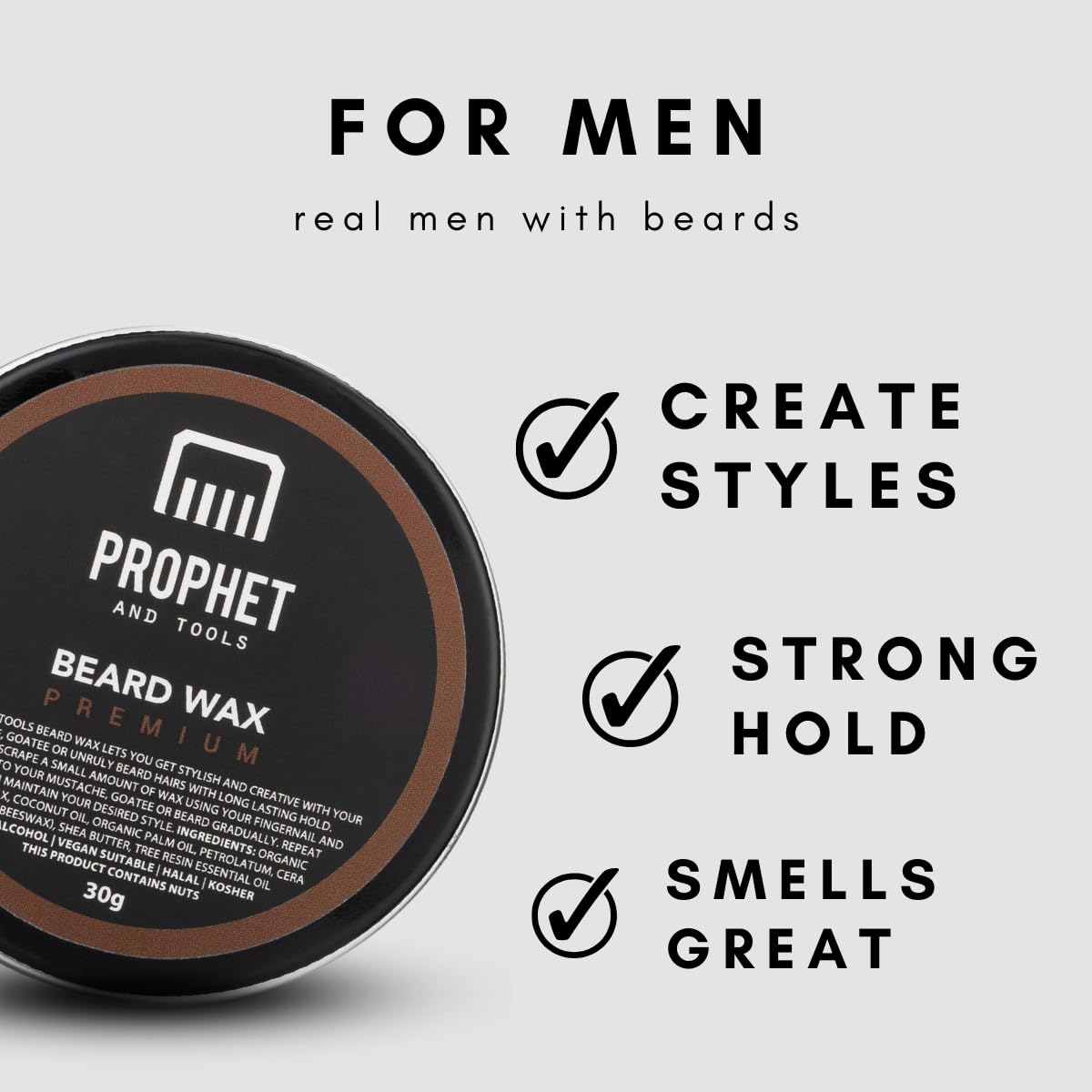 Prophet and Tools | Level 3 Strong Hold Wax for Beard & Hair - Great to Shape, Style and Control - Holds for up to 24hrs and Easily Washes Out - Moustache Styling Stick Included